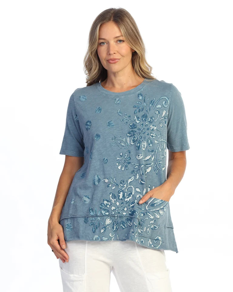 JESS & JANE Mineral Washed Cotton Slub Short Sleeve Top w/ Pocket - M145-2336 - RIVIERA PROMENADE