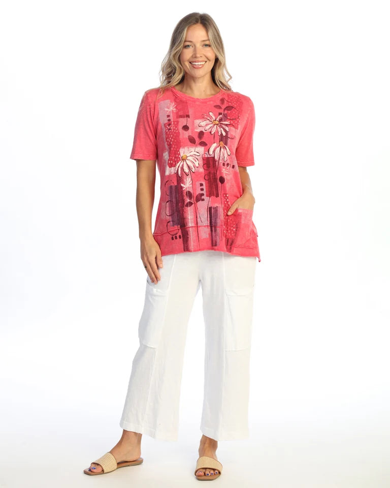 JESS & JANE Mineral Washed Cotton Slub Short Sleeve Top w/ Pocket - M145-2341 - RASPBERRY SOMEDAY
