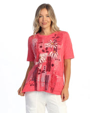 JESS & JANE Mineral Washed Cotton Slub Short Sleeve Top w/ Pocket - M145-2341 - RASPBERRY SOMEDAY
