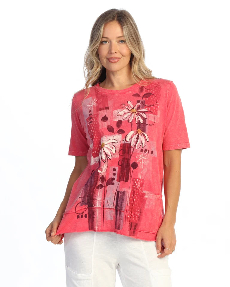 JESS & JANE Mineral Washed Cotton Slub Short Sleeve Top w/ Pocket - M145-2341 - RASPBERRY SOMEDAY
