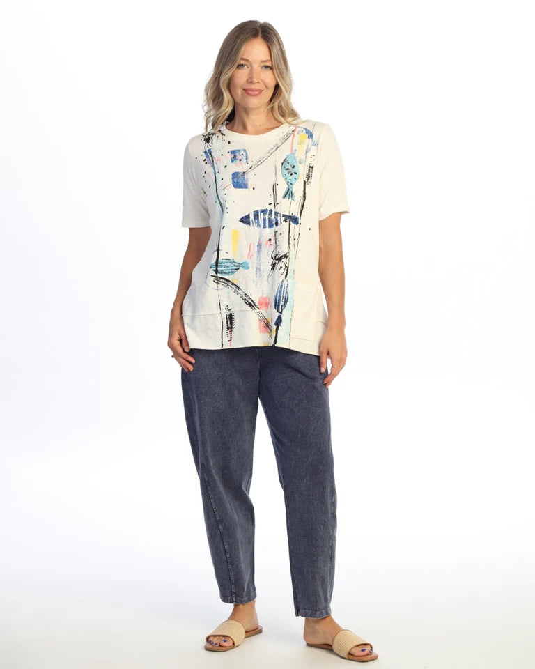 JESS & JANE Garment Dyed Cotton Slub Short Sleeve Top w/ Pocket - M145-2346 - CREAM ISLAND TIME