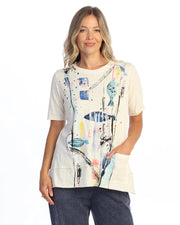 JESS & JANE Garment Dyed Cotton Slub Short Sleeve Top w/ Pocket - M145-2346 - CREAM ISLAND TIME