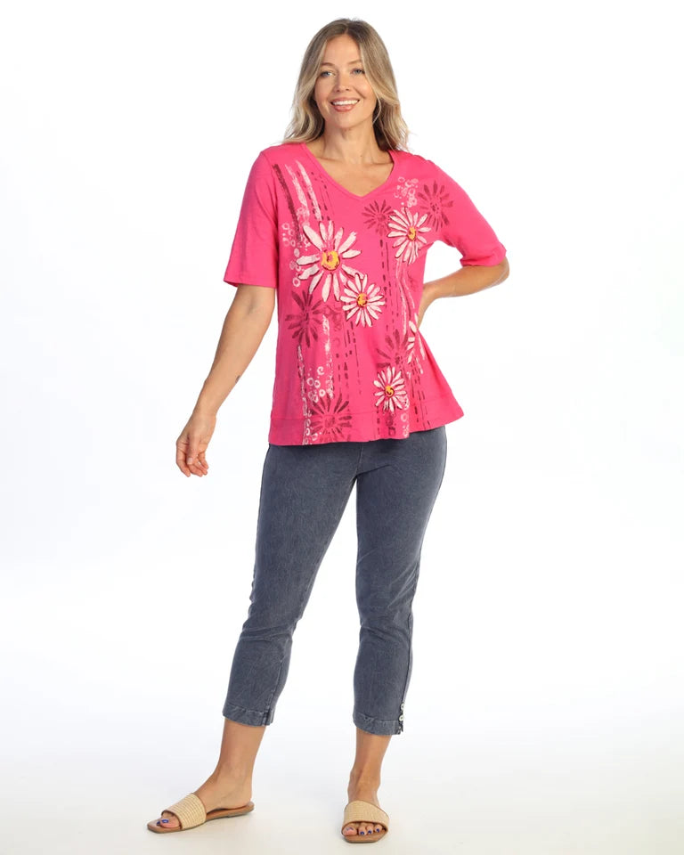 JESS & JANE Garment Dyed Cotton Slub Short Sleeve Top w/ Layer Look - M146-2329 - FUCHSIA CHEERIO
