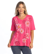JESS & JANE Garment Dyed Cotton Slub Short Sleeve Top w/ Layer Look - M146-2329 - FUCHSIA CHEERIO