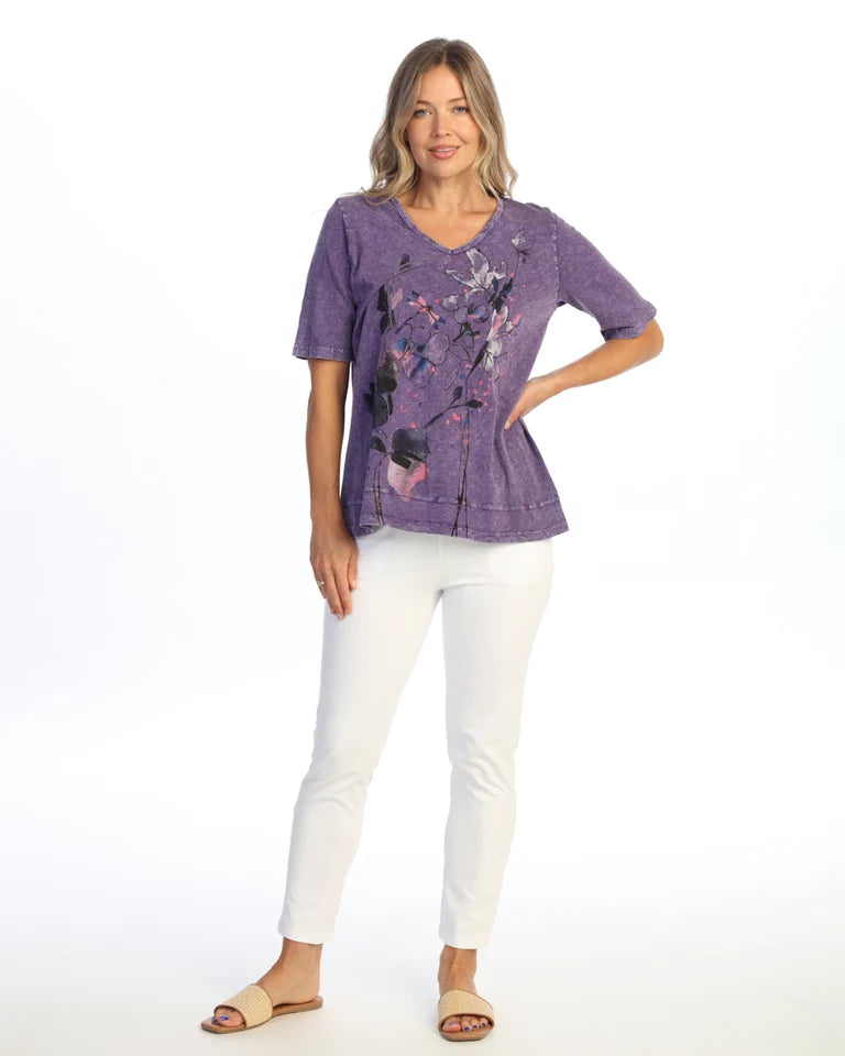 JESS & JANE Mineral Washed Cotton Slub Short Sleeve Top w/ Layer Look - M146-2333 - PURPLE MONA
