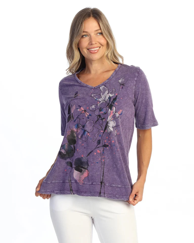 JESS & JANE Mineral Washed Cotton Slub Short Sleeve Top w/ Layer Look - M146-2333 - PURPLE MONA