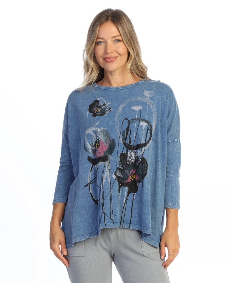 JESS & JANE Mineral Washed Cotton Slub Boxy Top w/ Side Slit - M147-2330 - INDIGO SERENA