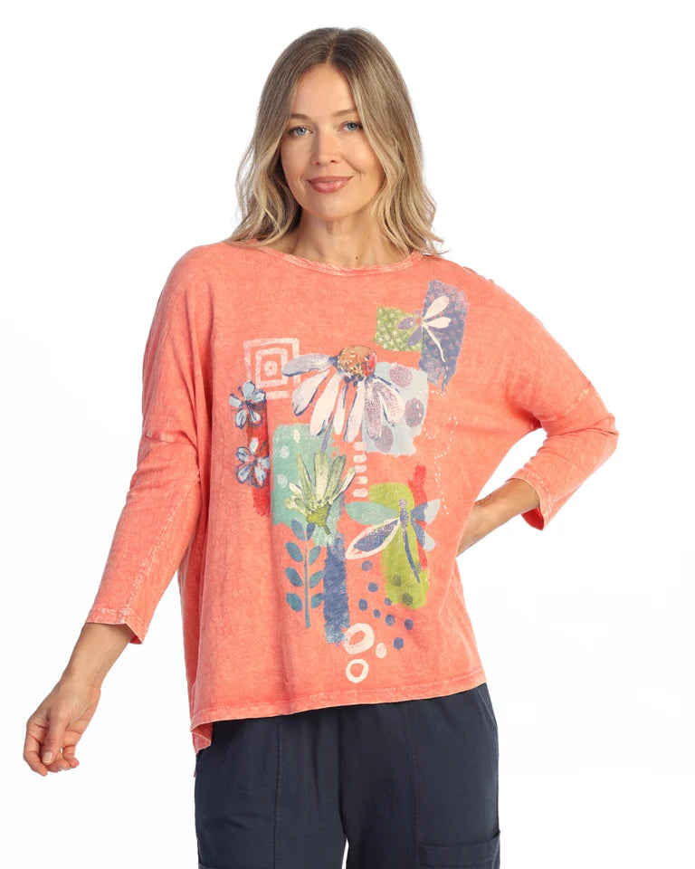JESS & JANE Mineral Washed Cotton Slub Boxy Top w/ Side Slit - M147-2337 - WATERMELON MARGARET