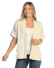 JESS & JANE Garment Dyed French Terry Span Short Sleeve Cardigan w/ Seam and Shell Buttons - M149 - BIRCH