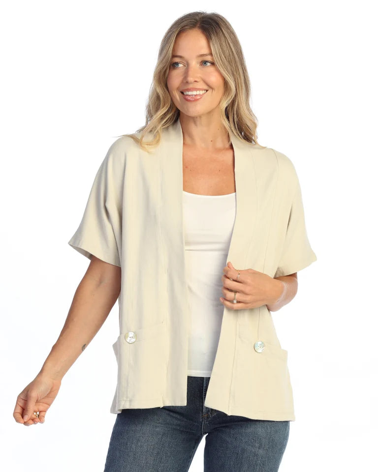 JESS & JANE Garment Dyed French Terry Span Short Sleeve Cardigan w/ Seam and Shell Buttons - M149 - BIRCH