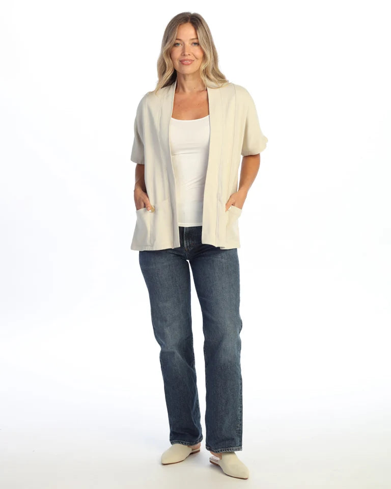 JESS & JANE Garment Dyed French Terry Span Short Sleeve Cardigan w/ Seam and Shell Buttons - M149 - BIRCH