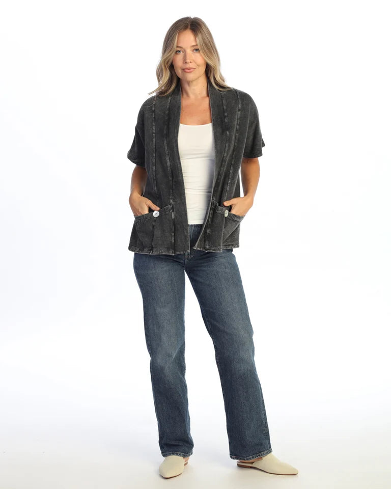 JESS & JANE Mineral Wash French Terry Span Short Sleeve Cardigan w/ Seam and Shell Buttons - M149 - BLACK