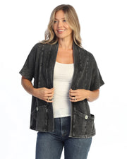 JESS & JANE Mineral Wash French Terry Span Short Sleeve Cardigan w/ Seam and Shell Buttons - M149 - BLACK