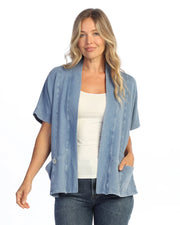 JESS & JANE Mineral Wash French Terry Span Short Sleeve Cardigan w/ Seam and Shell Buttons - M149 - CLOUD