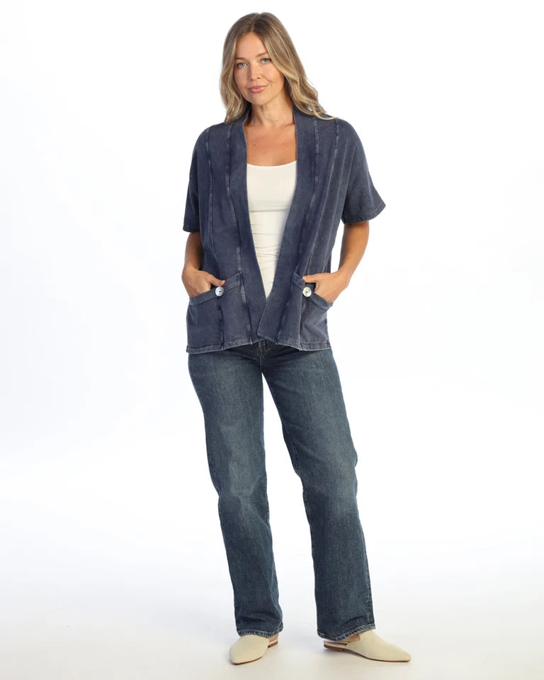 JESS & JANE Mineral Wash French Terry Span Short Sleeve Cardigan w/ Seam and Shell Buttons - M149 - DENIM