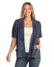 JESS & JANE Mineral Wash French Terry Span Short Sleeve Cardigan w/ Seam and Shell Buttons - M149 - DENIM