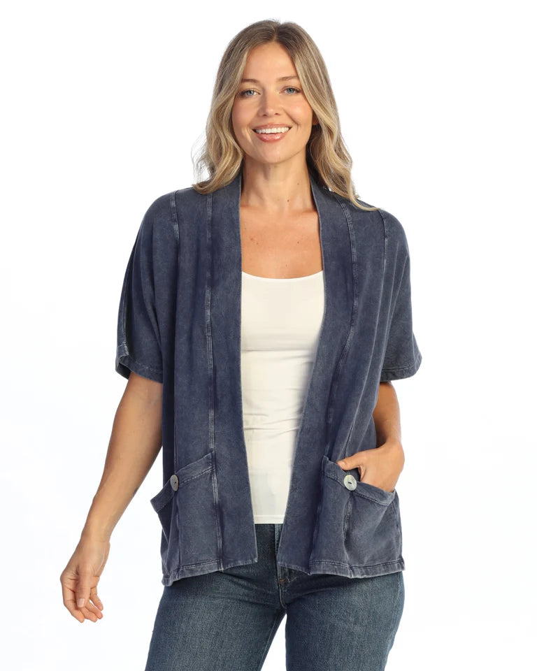 JESS & JANE Mineral Wash French Terry Span Short Sleeve Cardigan w/ Seam and Shell Buttons - M149 - DENIM