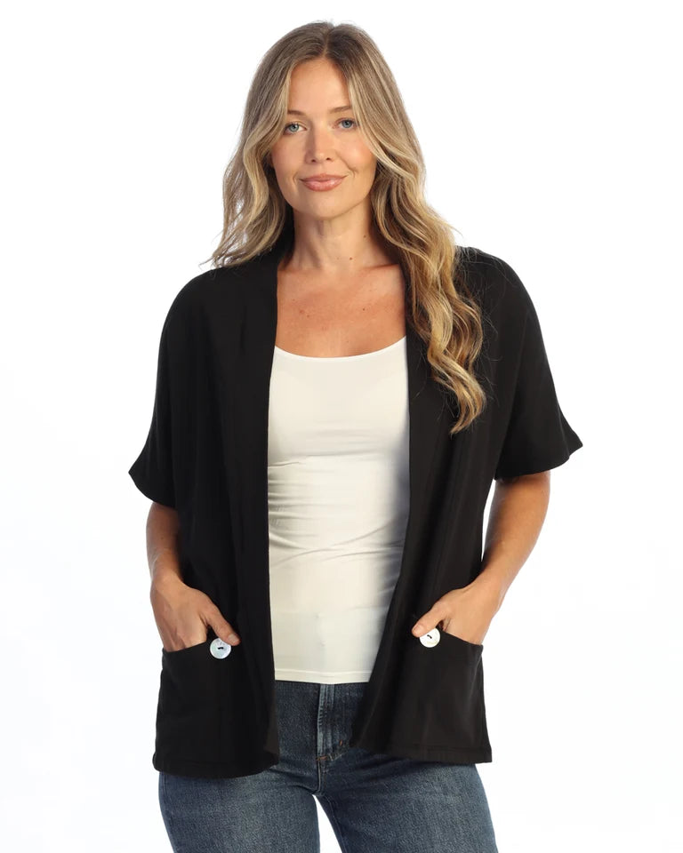 JESS & JANE Garment Dyed French Terry Span Short Sleeve Cardigan w/ Seam and Shell Buttons - M149 - JET BLACK