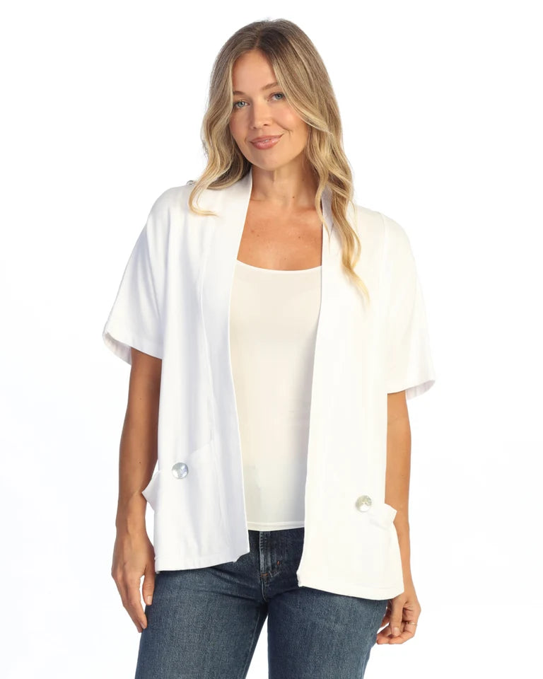 JESS & JANE Garment Dyed French Terry Span Short Sleeve Cardigan w/ Seam and Shell Buttons - M149 - WHITE