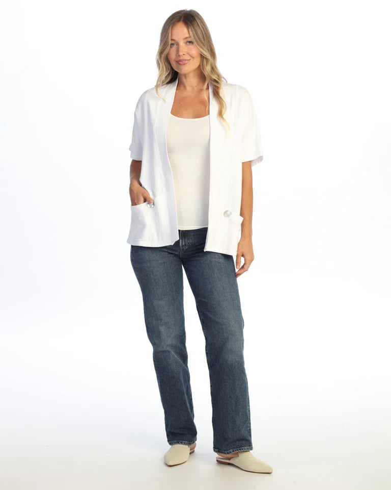 JESS & JANE Garment Dyed French Terry Span Short Sleeve Cardigan w/ Seam and Shell Buttons - M149 - WHITE