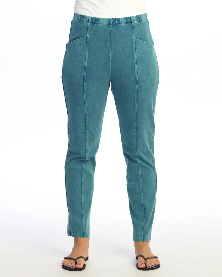 JESS & JANE Mineral Washed Cotton Spandex Pants w/ Slant Pocket and Straight Leg - M150 - CYPRESS
