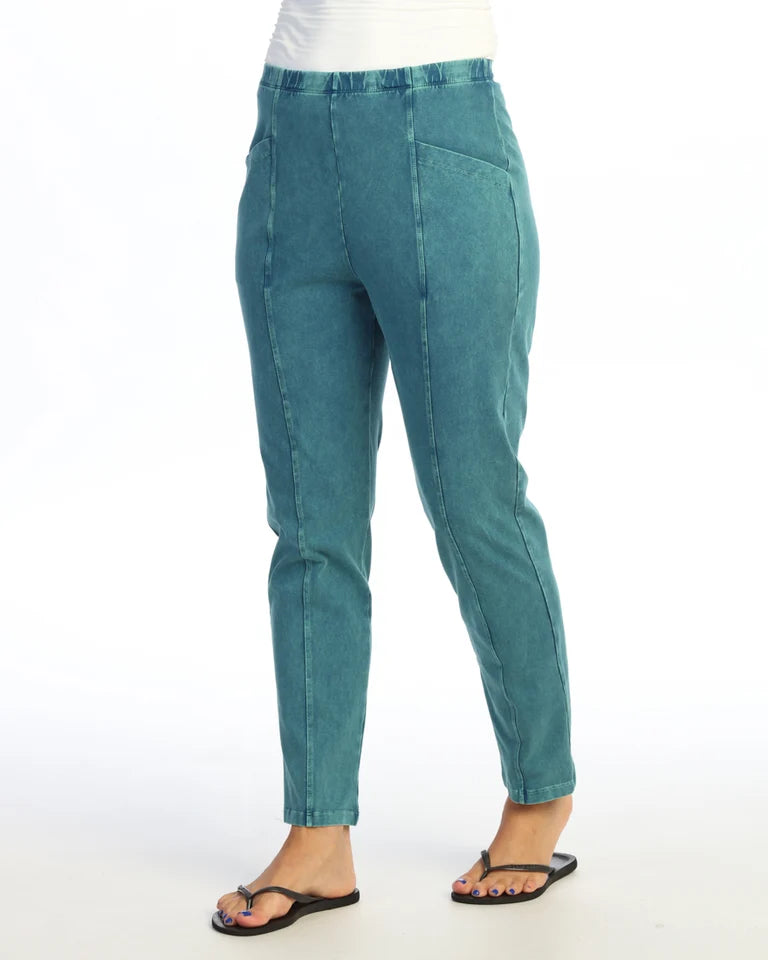 JESS & JANE Mineral Washed Cotton Spandex Pants w/ Slant Pocket and Straight Leg - M150 - CYPRESS