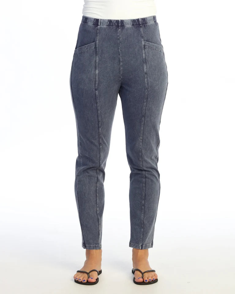 JESS & JANE Mineral Washed Cotton Spandex Pants w/ Slant Pocket and Straight Leg - M150 - DENIM