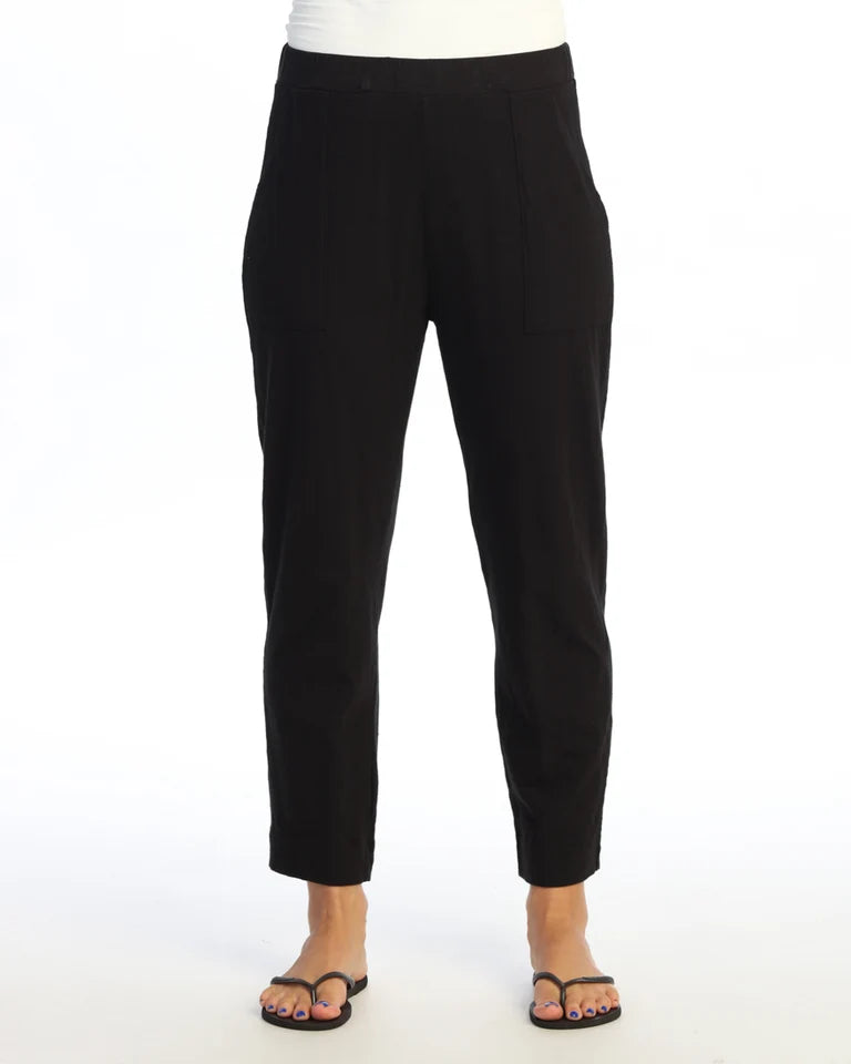 JESS & JANE Garment Dyed Cotton Slub Straight Crop Pants w/ Patch Pocket and Side Slit - M152 - JET BLACK