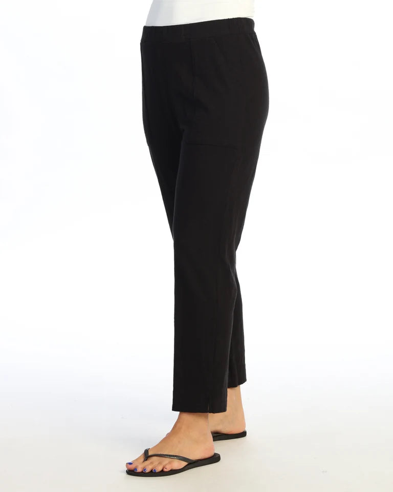 JESS & JANE Garment Dyed Cotton Slub Straight Crop Pants w/ Patch Pocket and Side Slit - M152 - JET BLACK