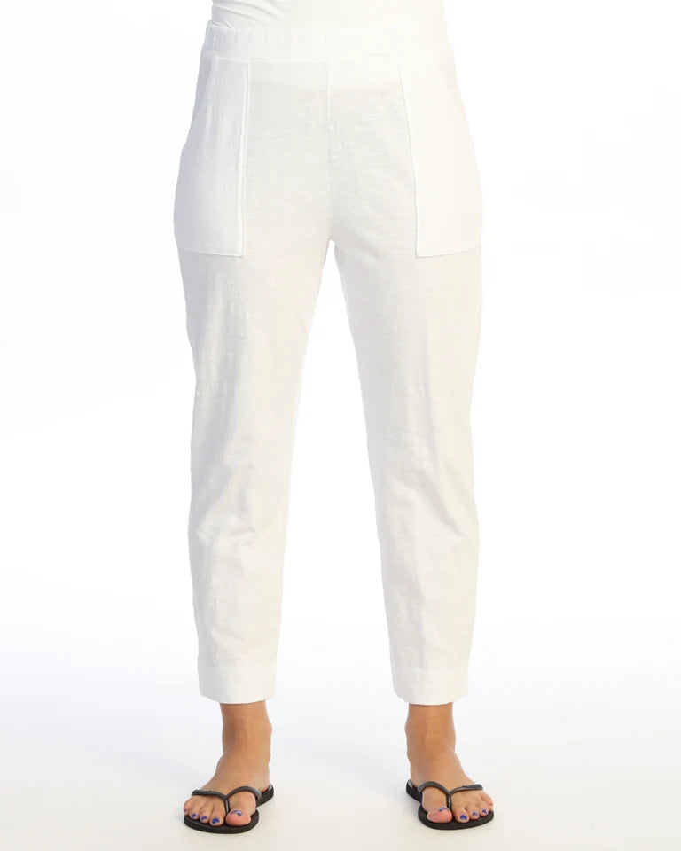 JESS & JANE Garment Dyed Cotton Slub Straight Crop Pants w/ Patch Pocket and Side Slit - M152 - WHITE