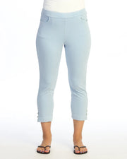 JESS & JANE Mineral Washed Cotton Spandex Capri Pant w/ Scoop Pocket, Slit, and Buttons - M154 - CHAMBRAY