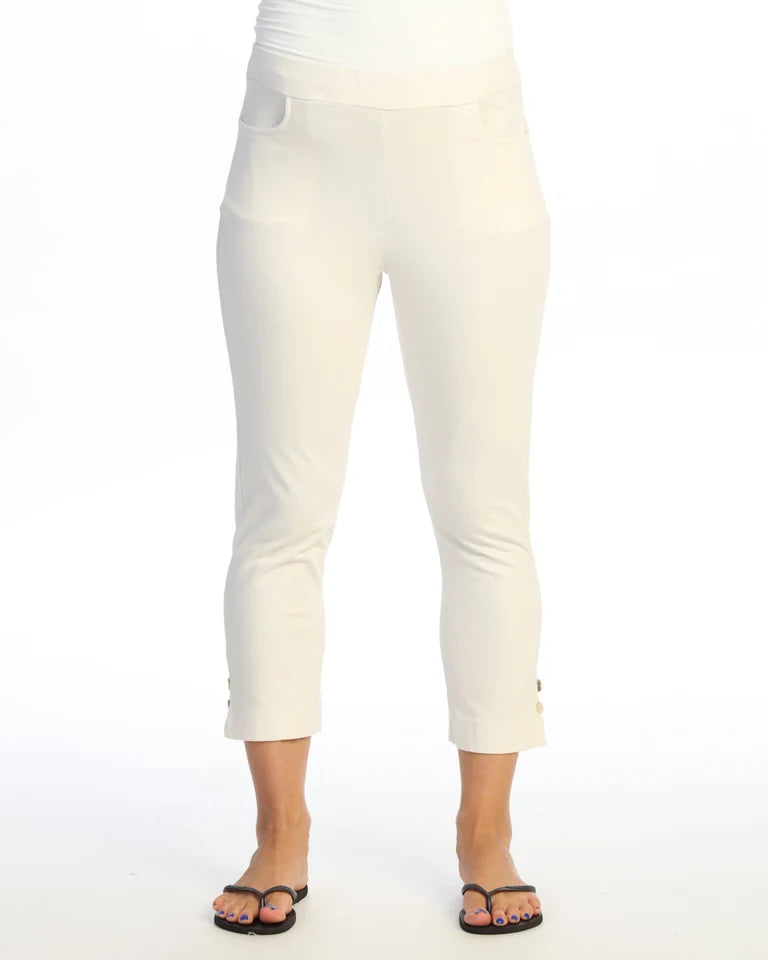 JESS & JANE Garment Dyed Cotton Spandex Capri Pant w/ Scoop Pocket, Slit, and Buttons - M154 - CREAM