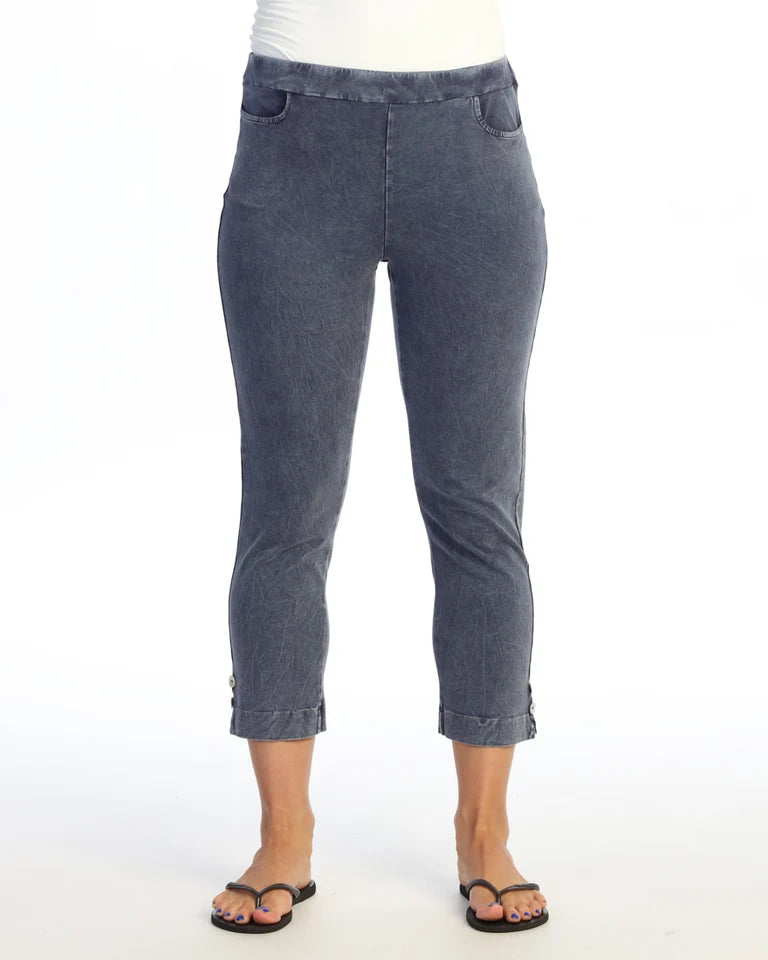 JESS & JANE Mineral Washed Cotton Spandex Capri Pant w/ Scoop Pocket, Slit, and Buttons - M154 - DENIM