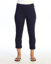 JESS & JANE Garment Dyed Cotton Spandex Capri Pant w/ Scoop Pocket, Slit, and Buttons - M154 - JET DENIM