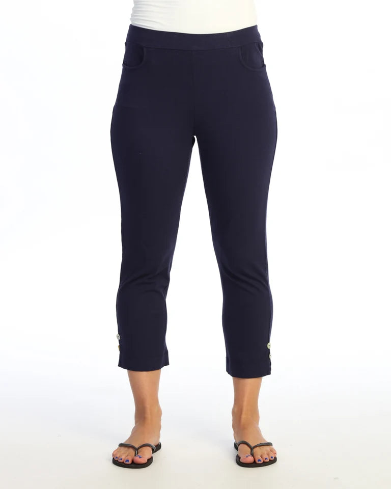 JESS & JANE Garment Dyed Cotton Spandex Capri Pant w/ Scoop Pocket, Slit, and Buttons - M154 - JET DENIM