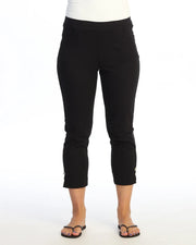 JESS & JANE Garment Dyed Cotton Spandex Capri Pant w/ Scoop Pocket, Slit, and Buttons - M154 - JET BLACK