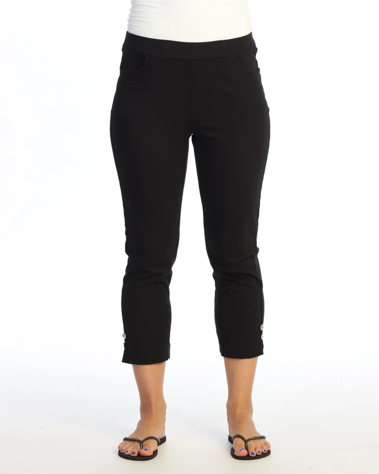 JESS & JANE Garment Dyed Cotton Spandex Capri Pant w/ Scoop Pocket, Slit, and Buttons - M154 - JET BLACK