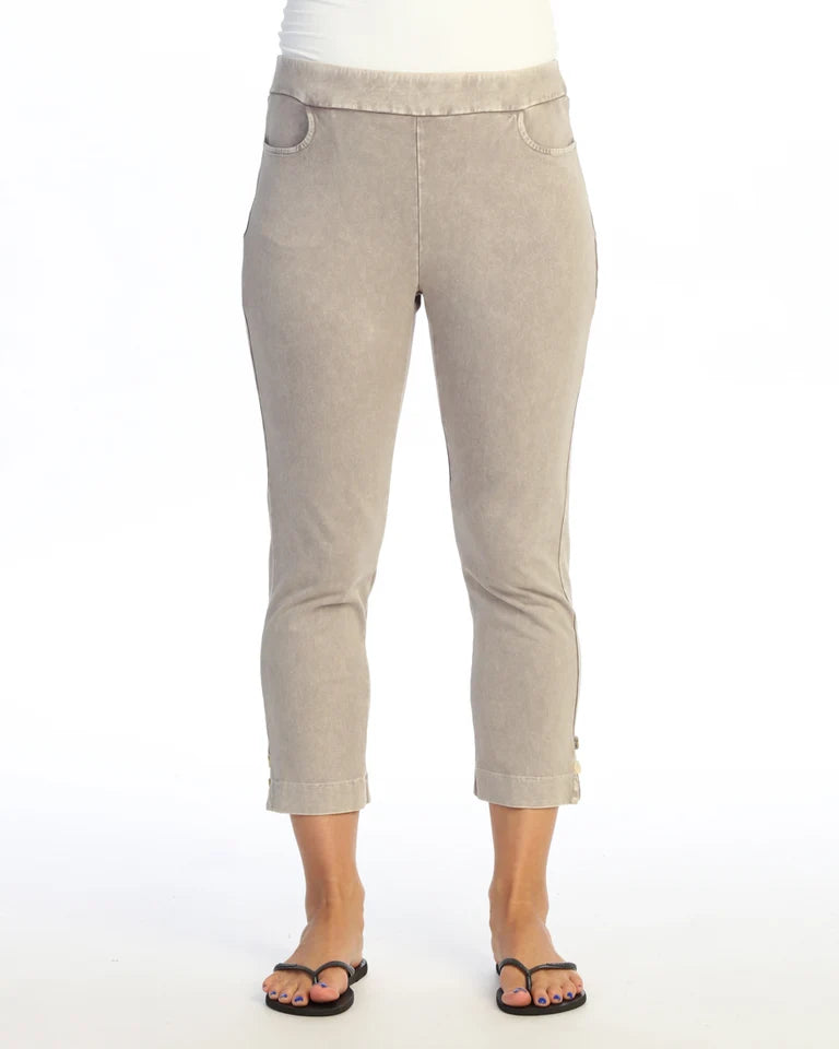 JESS & JANE Mineral Washed Cotton Spandex Capri Pant w/ Scoop Pocket, Slit, and Buttons - M154 - SLATE