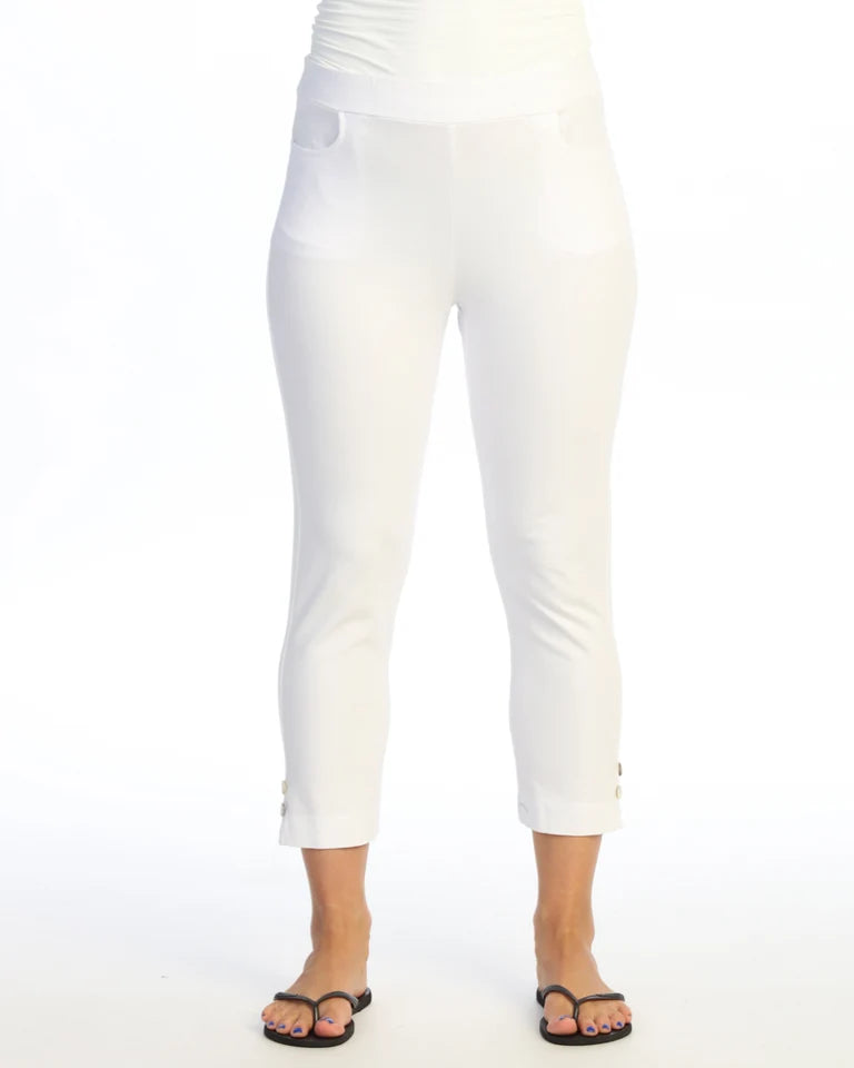 JESS & JANE Garment Dyed Cotton Spandex Capri Pant w/ Scoop Pocket, Slit, and Buttons - M154 - WHITE