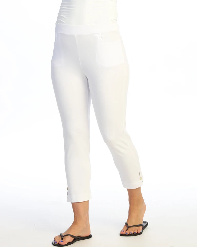 JESS & JANE Garment Dyed Cotton Spandex Capri Pant w/ Scoop Pocket, Slit, and Buttons - M154 - WHITE