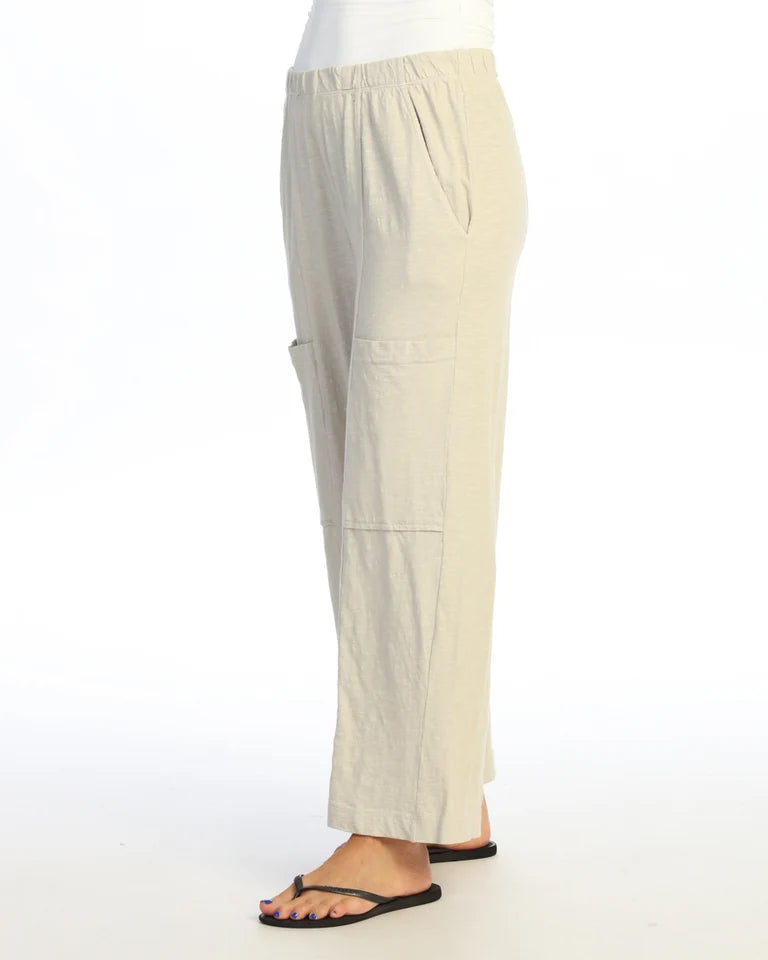 JESS & JANE Garment Dyed Cotton Slub Crop Wide Leg Pant w/ Slant and Cargo Pockets - M155 - BIRCH
