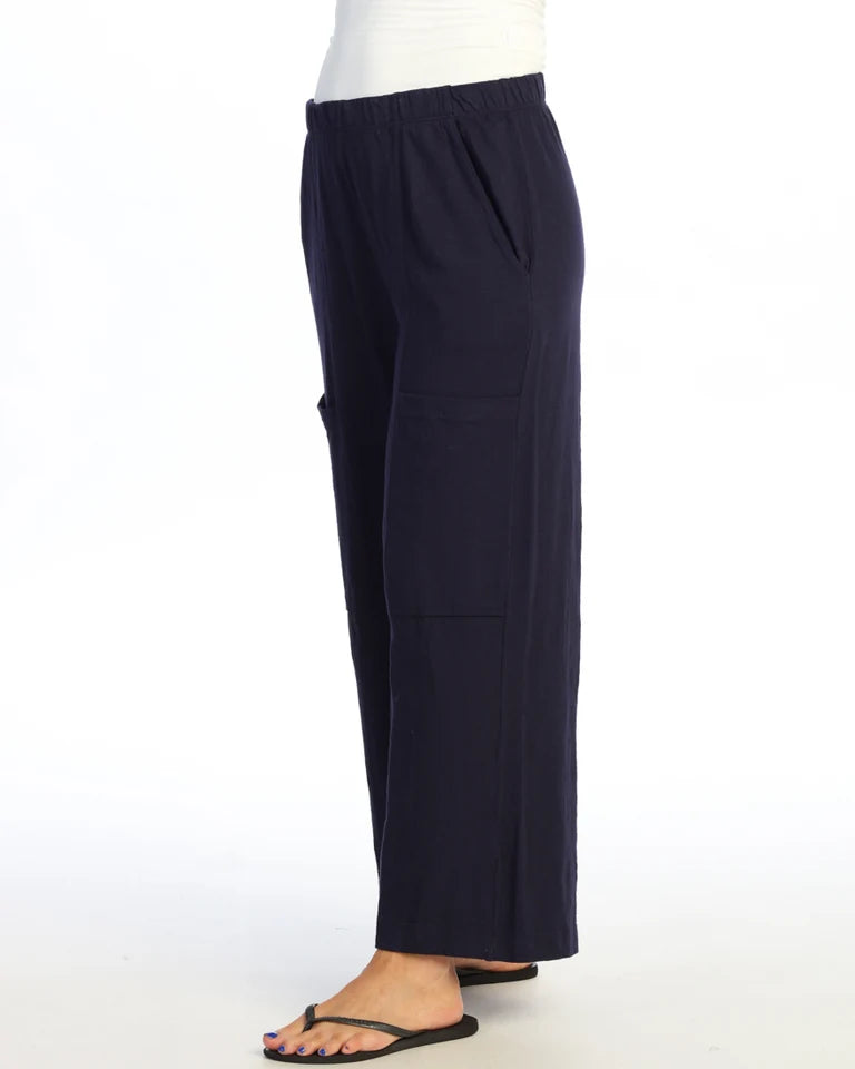 JESS & JANE Garment Dyed Cotton Slub Crop Wide Leg Pant w/ Slant and Cargo Pockets - M155 - JET DENIM