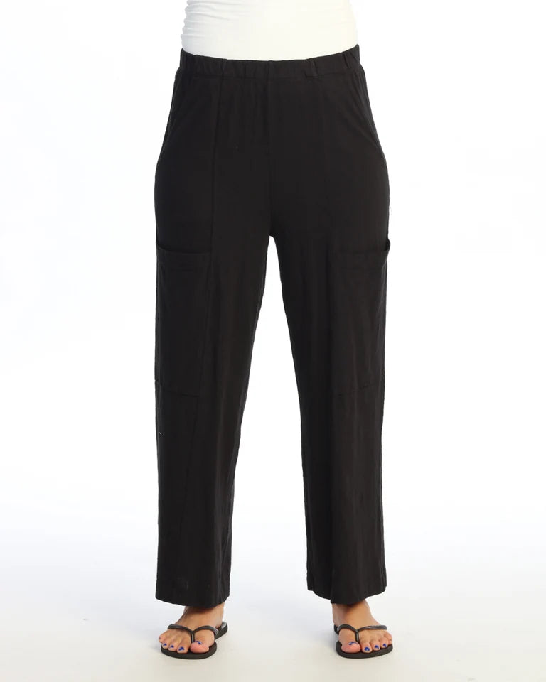 JESS & JANE Garment Dyed Cotton Slub Crop Wide Leg Pant w/ Slant and Cargo Pockets - M155 - JET BLACK