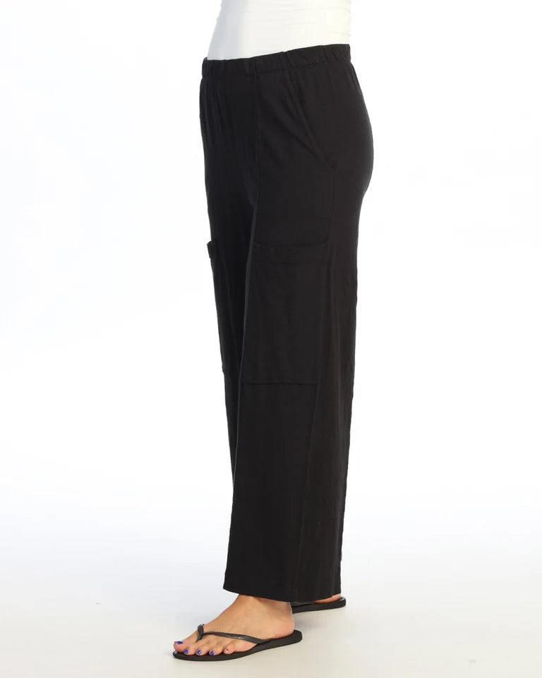 JESS & JANE Garment Dyed Cotton Slub Crop Wide Leg Pant w/ Slant and Cargo Pockets - M155 - JET BLACK