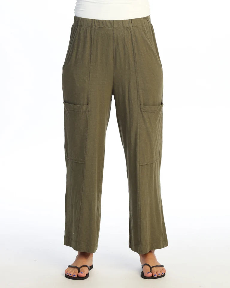 JESS & JANE Garment Dyed Cotton Slub Crop Wide Leg Pant w/ Slant and Cargo Pockets - M155 - JET FERN