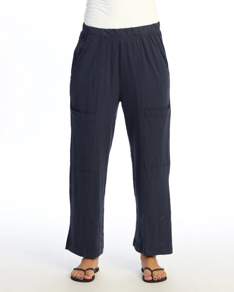 JESS & JANE Garment Dyed Cotton Slub Crop Wide Leg Pant w/ Slant and Cargo Pockets - M155 - NAVY