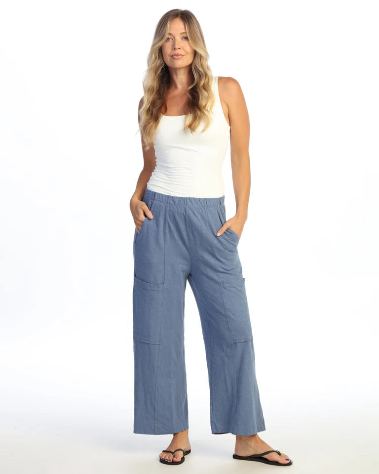 JESS & JANE Garment Dyed Cotton Slub Crop Wide Leg Pant w/ Slant and Cargo Pockets - M155 - STEEL