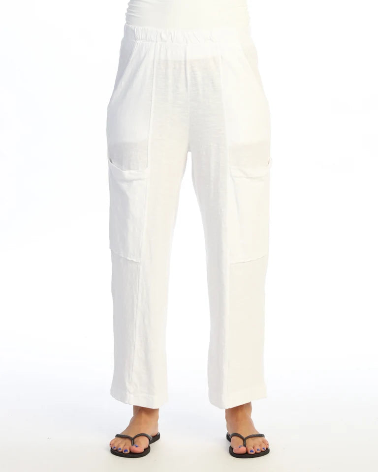 JESS & JANE Garment Dyed Cotton Slub Crop Wide Leg Pant w/ Slant and Cargo Pockets - M155 - WHITE