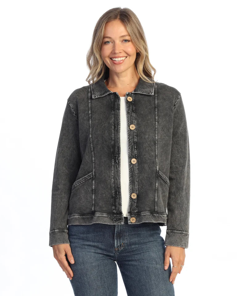 JESS & JANE Mineral Washed Terry Spandex Collared Jacket w/ Cargo Pockets and Buttons - M157 - BLACK