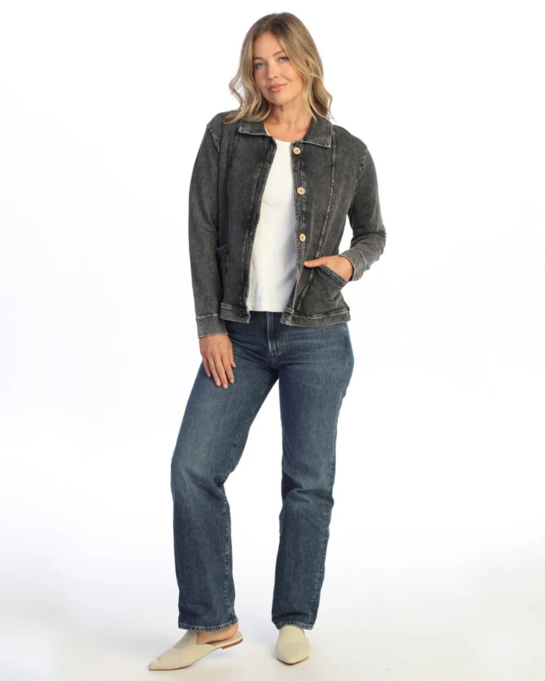 JESS & JANE Mineral Washed Terry Spandex Collared Jacket w/ Cargo Pockets and Buttons - M157 - BLACK